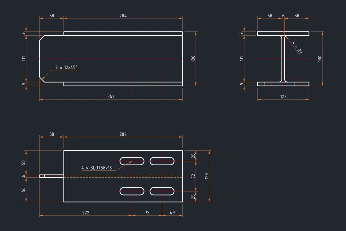 Parts in AutoCAD dimensioned by AFDIM: overall sizes, callouts and centrelines